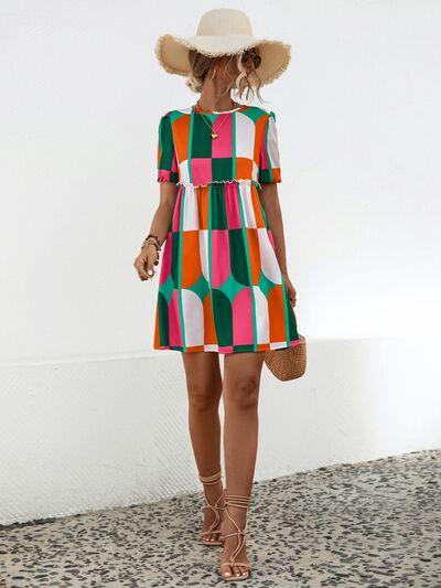 Blue Zone Planet |  Geometric Frill Round Neck Short Sleeve Dress BLUE ZONE PLANET