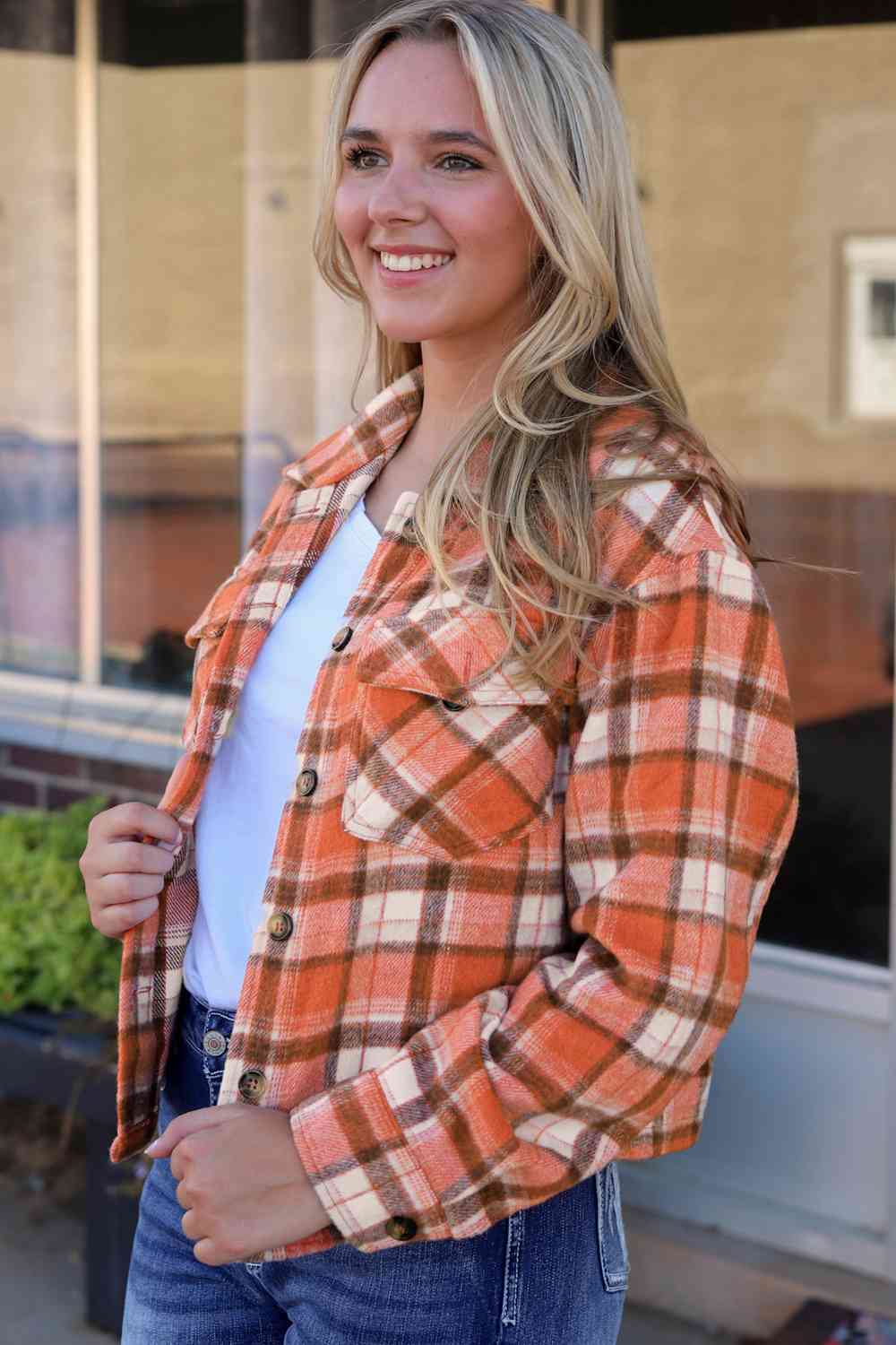 Plaid Collared Neck Button Down Jacket BLUE ZONE PLANET