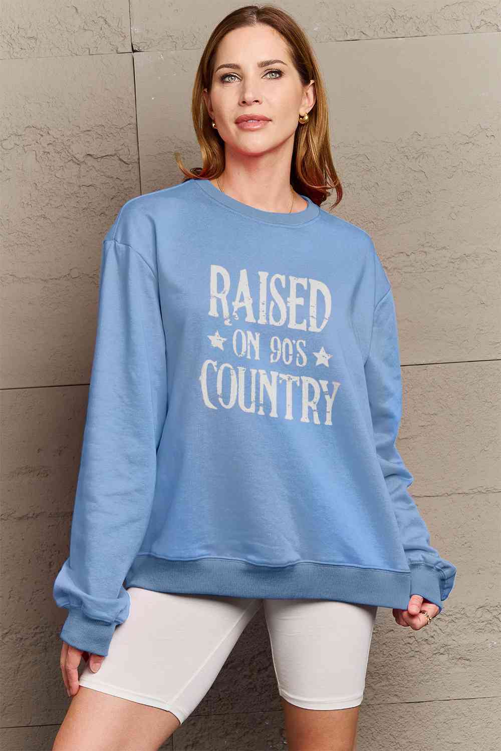 Simply Love Full Size RAISED ON 90'S COUNTRY Graphic Sweatshirt BLUE ZONE PLANET