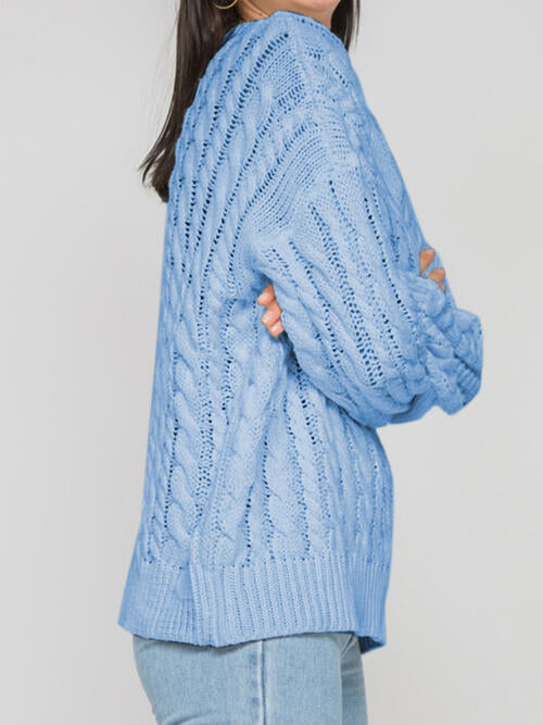 Openwork Round Sleeve Cable-Knit Sweater BLUE ZONE PLANET