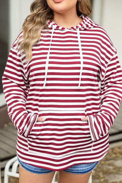 Plus Size Drawstring Striped Dropped Shoulder Hoodie Trendsi