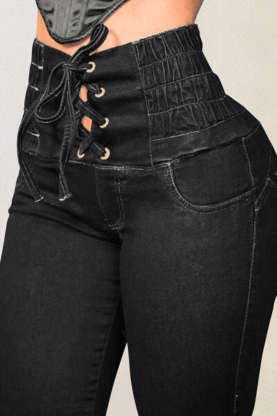 Lace-Up High Waist Jeans with Pockets Trendsi