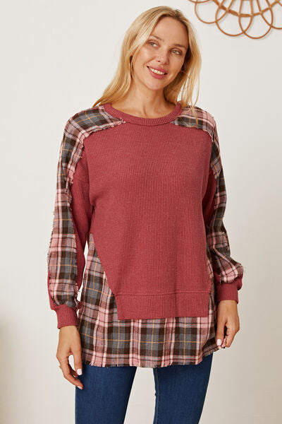 Blue Zone Planet |  Plaid Round Neck Dropped Shoulder Sweatshirt BLUE ZONE PLANET