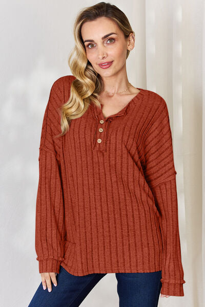 Basic Bae Full Size Ribbed Half Button Long Sleeve T-Shirt-TOPS / DRESSES-[Adult]-[Female]-Brick Red-S-2022 Online Blue Zone Planet