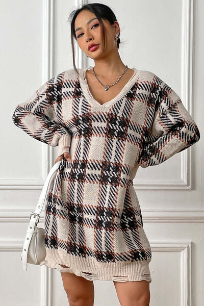 Plaid V-Neck Long Sleeve Sweater Dress BLUE ZONE PLANET