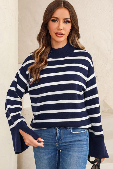 Striped Slit Drop Shoulder Sweater BLUE ZONE PLANET