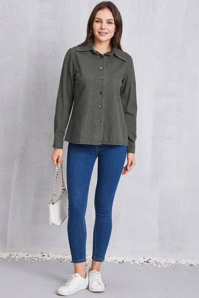 Collared Neck Button Up Denim Top Trendsi