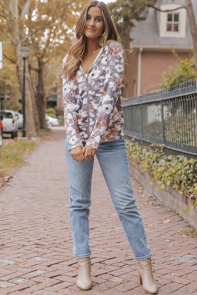 Floral Zip Up Pocketed Hoodie-TOPS / DRESSES-[Adult]-[Female]-2022 Online Blue Zone Planet