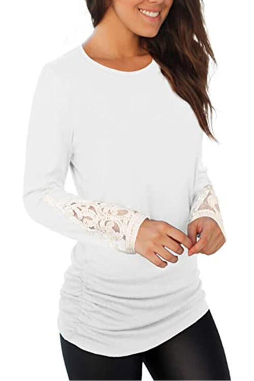 Lace Detail Long Sleeve Round Neck T-Shirt BLUE ZONE PLANET