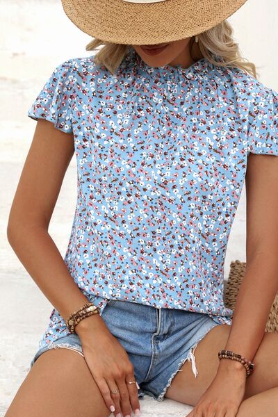 Blue Zone Planet |  Ditsy Floral Mock Neck Short Sleeve T-Shirt BLUE ZONE PLANET