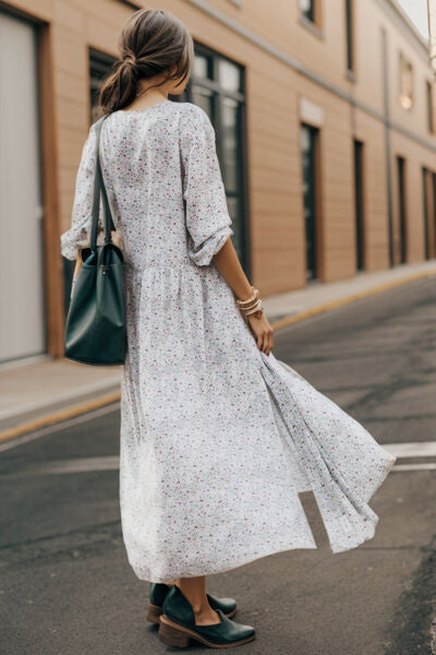 Slit Printed Tie Neck Long Sleeve Dress Trendsi