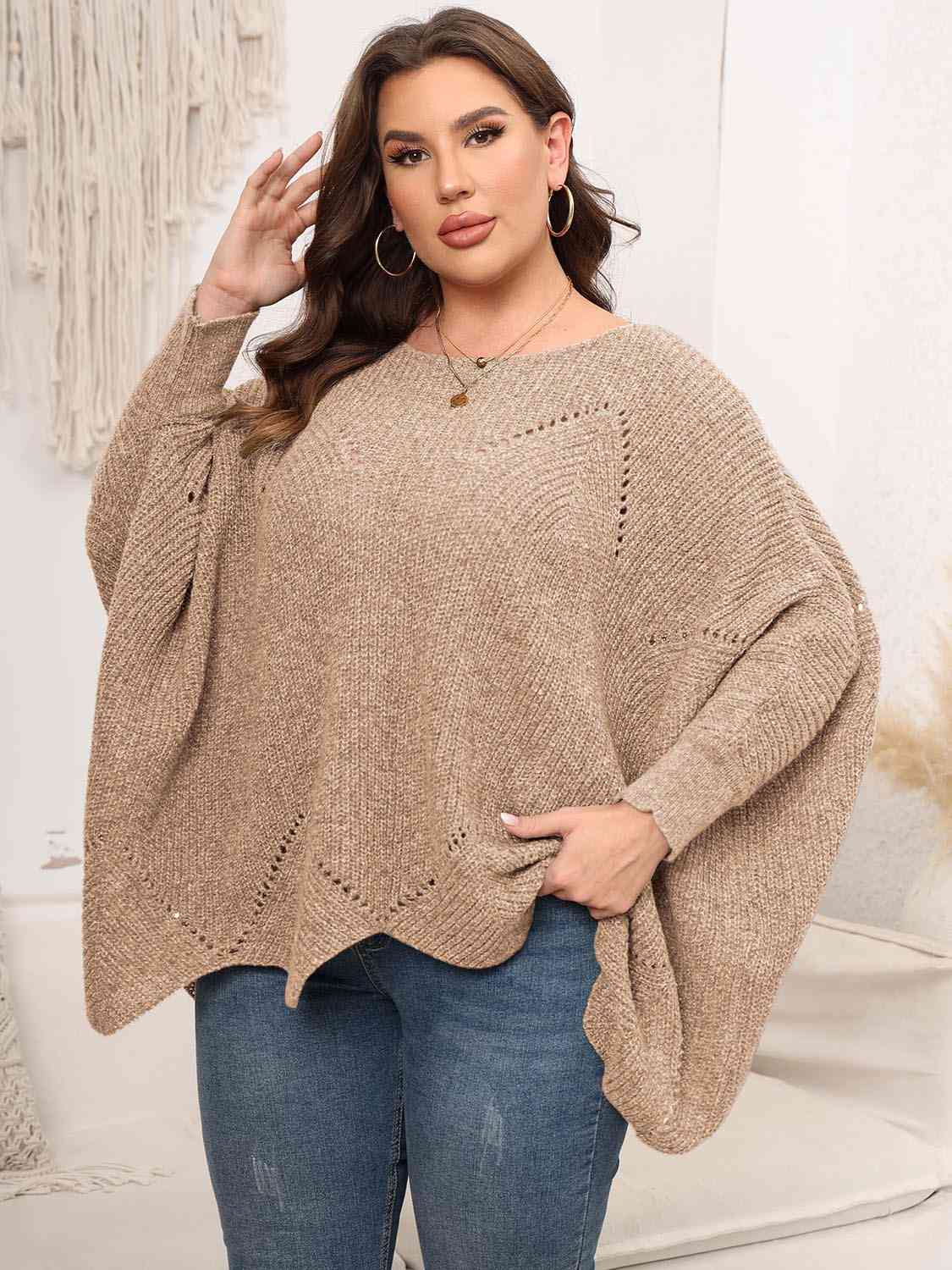 Plus Size Round Neck Batwing Sleeve Sweater BLUE ZONE PLANET