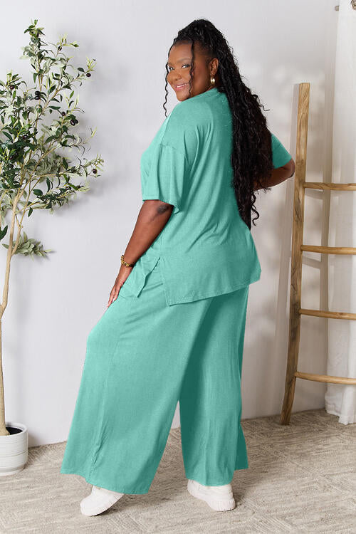 Double Take Full Size Round Neck Slit Top and Pants Set BLUE ZONE PLANET