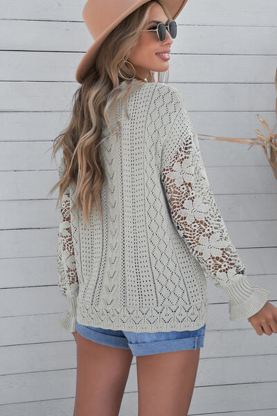 Openwork Lantern Sleeve Dropped Shoulder Sweater Trendsi