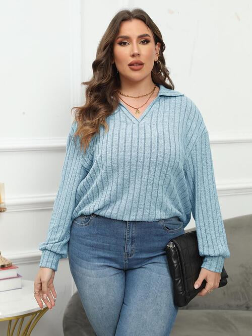 Plus Size Ribbed Collared Neck Long Sleeve Blouse BLUE ZONE PLANET