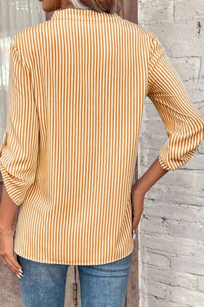 Striped Notched Roll-Tab Sleeve Shirt BLUE ZONE PLANET