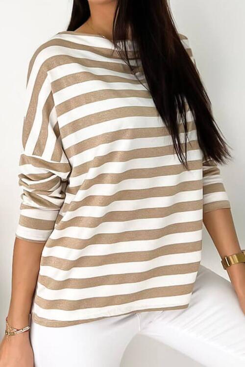 Striped Round Neck Long Sleeve Blouse BLUE ZONE PLANET