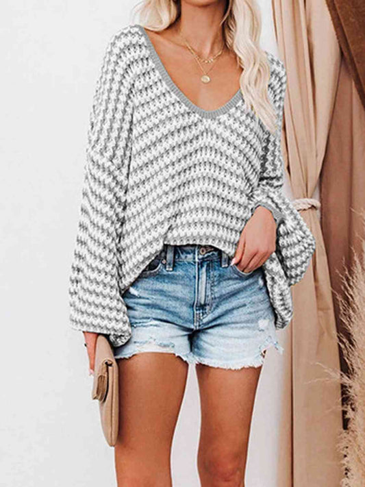 Striped Drop Shoulder V-Neck Sweater BLUE ZONE PLANET