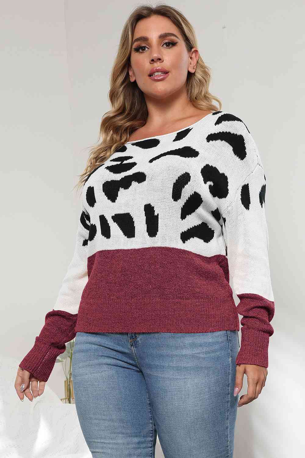 Plus Size Leopard Round Neck Long Sleeve Sweater BLUE ZONE PLANET