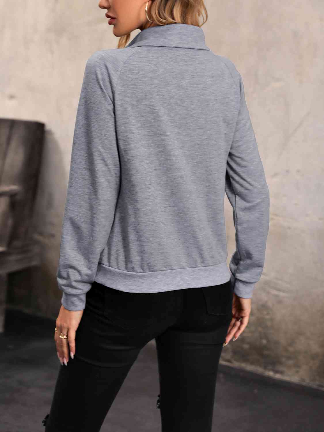 Mock Neck Raglan Sleeve Buttoned Sweatshirt BLUE ZONE PLANET