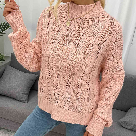 Cable-Knit Mock Neck Long Sleeve Sweater BLUE ZONE PLANET