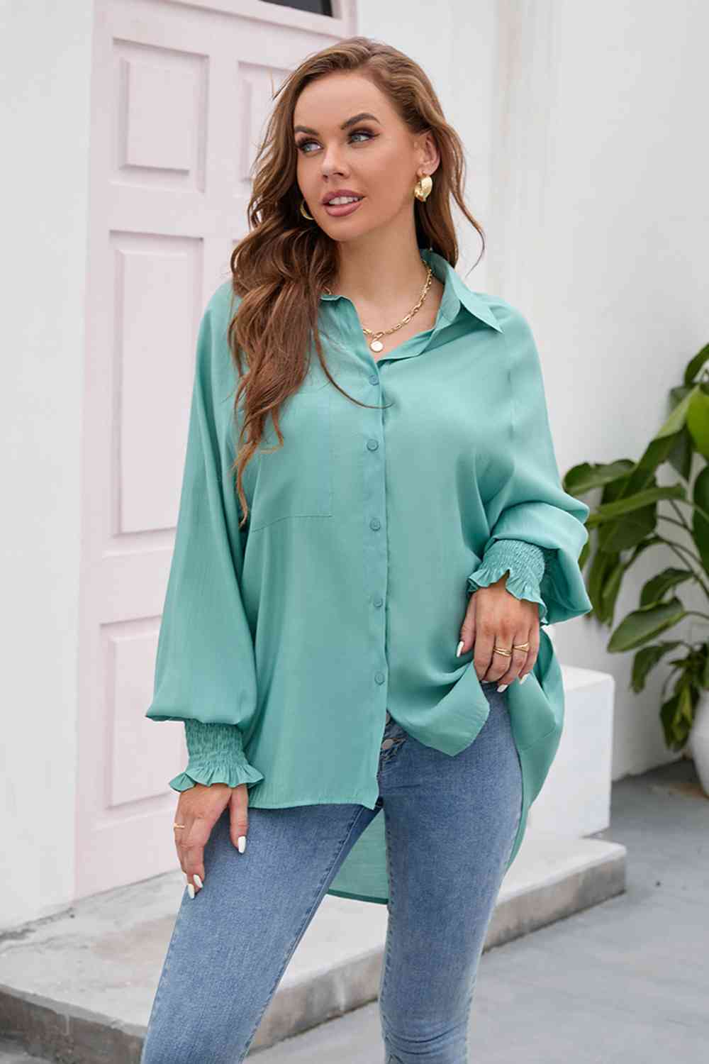 High-Low Collared Neck Lantern Sleeve Shirt BLUE ZONE PLANET