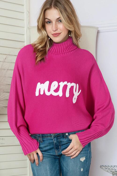 Merry Letter Embroidered High Neck Sweater BLUE ZONE PLANET