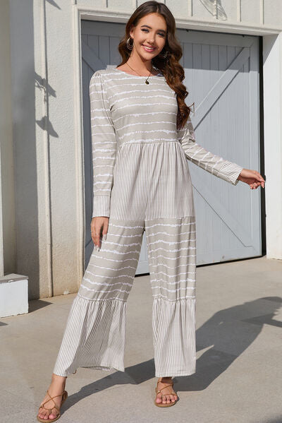 Blue Zone Planet |  Striped Round Neck Long Sleeve Jumpsuit BLUE ZONE PLANET