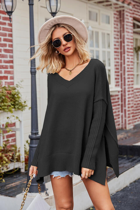 V-Neck Slit Exposed Seam Sweater BLUE ZONE PLANET