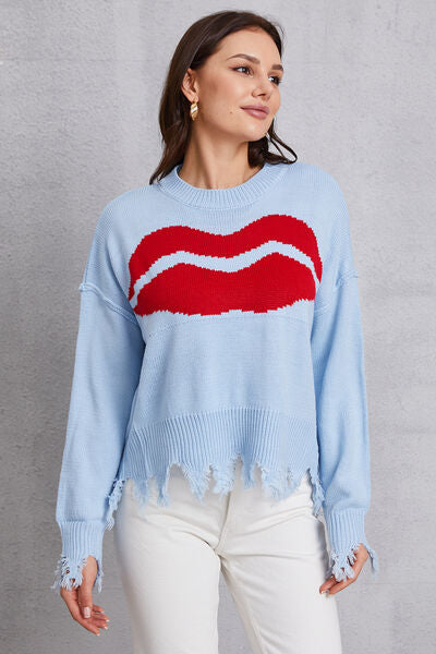 Lip Fringe Round Neck Sweater-TOPS / DRESSES-[Adult]-[Female]-Misty Blue-S-2022 Online Blue Zone Planet