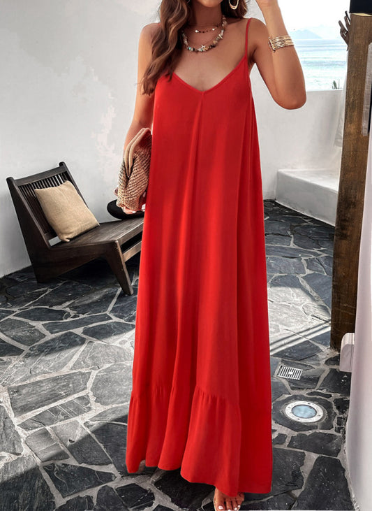 Elegant solid color loose spaghetti strap maxi dress kakaclo