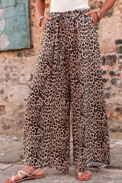 Leopard Drawstring Wide Leg Pants-BOTTOM SIZES SMALL MEDIUM LARGE-[Adult]-[Female]-Leopard-S-2022 Online Blue Zone Planet