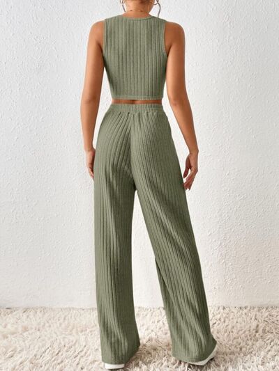 Ribbed Round Neck Tank and Pants Sweater Set Trendsi