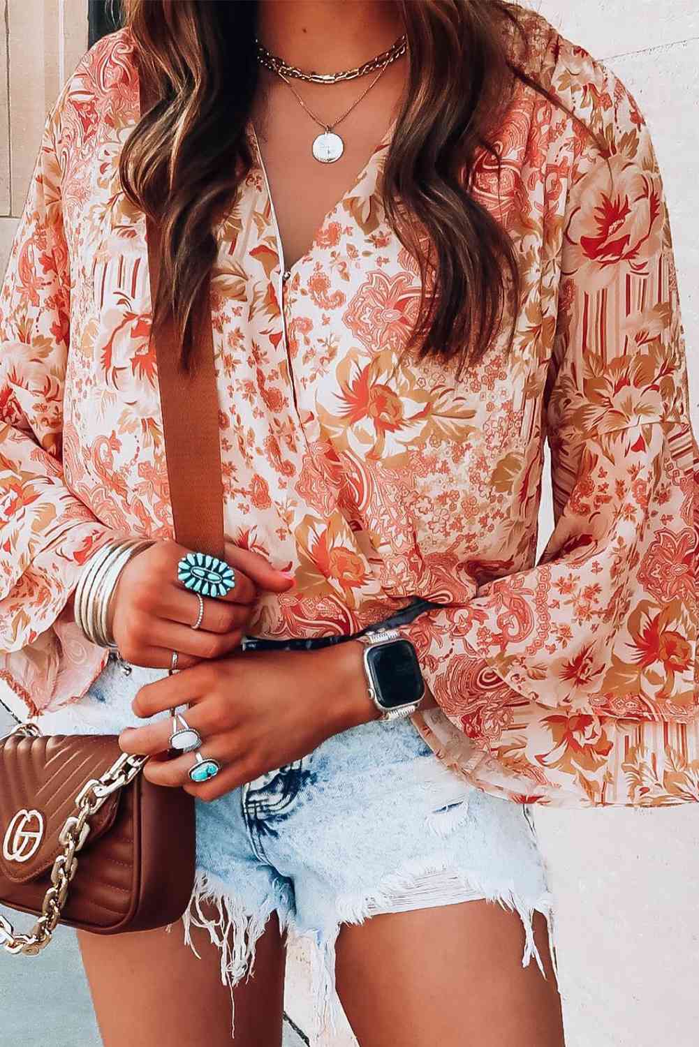 Floral Surplice Flare Sleeve Bodysuit BLUE ZONE PLANET