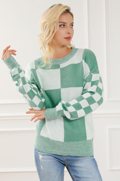 Checkered Drop Shoulder Long Sleeve Sweater BLUE ZONE PLANET