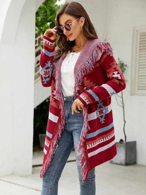 Fringe Geometric Hooded Long Sleeve Cardigan BLUE ZONE PLANET