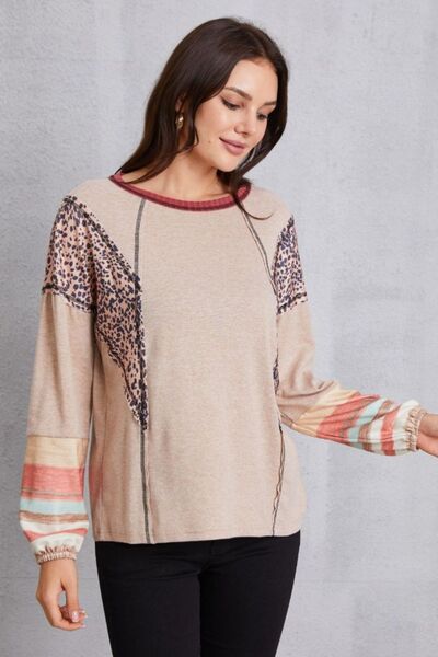 Contrast Stitching Leopard Long Sleeve Blouse Trendsi