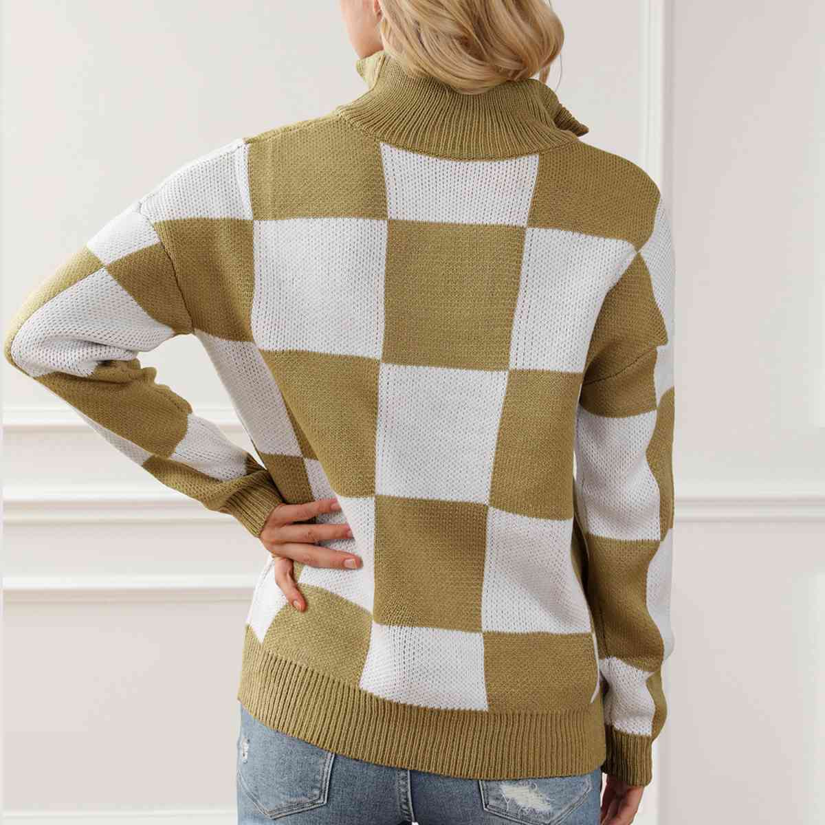 Checkered Half Zip Long Sleeve Sweater BLUE ZONE PLANET