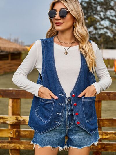 Pocketed Button Up Sleeveless Denim Jacket Trendsi