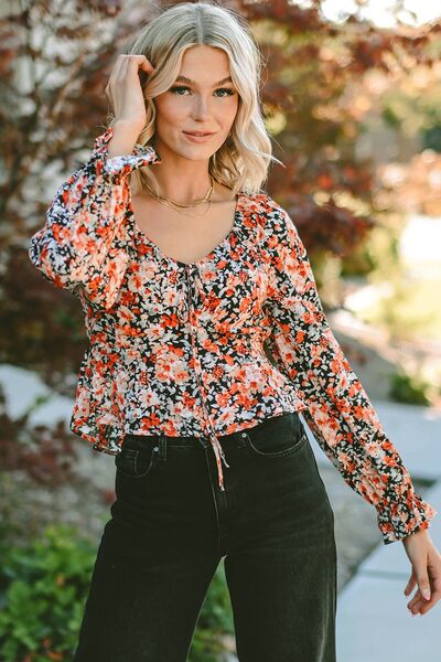 Blue Zone Planet |  Floral Tied Flounce Sleeve Peplum Blouse BLUE ZONE PLANET