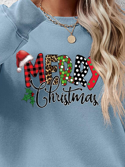 MERRY CHRISTMAS Round Neck Dropped Shoulder Sweatshirt BLUE ZONE PLANET