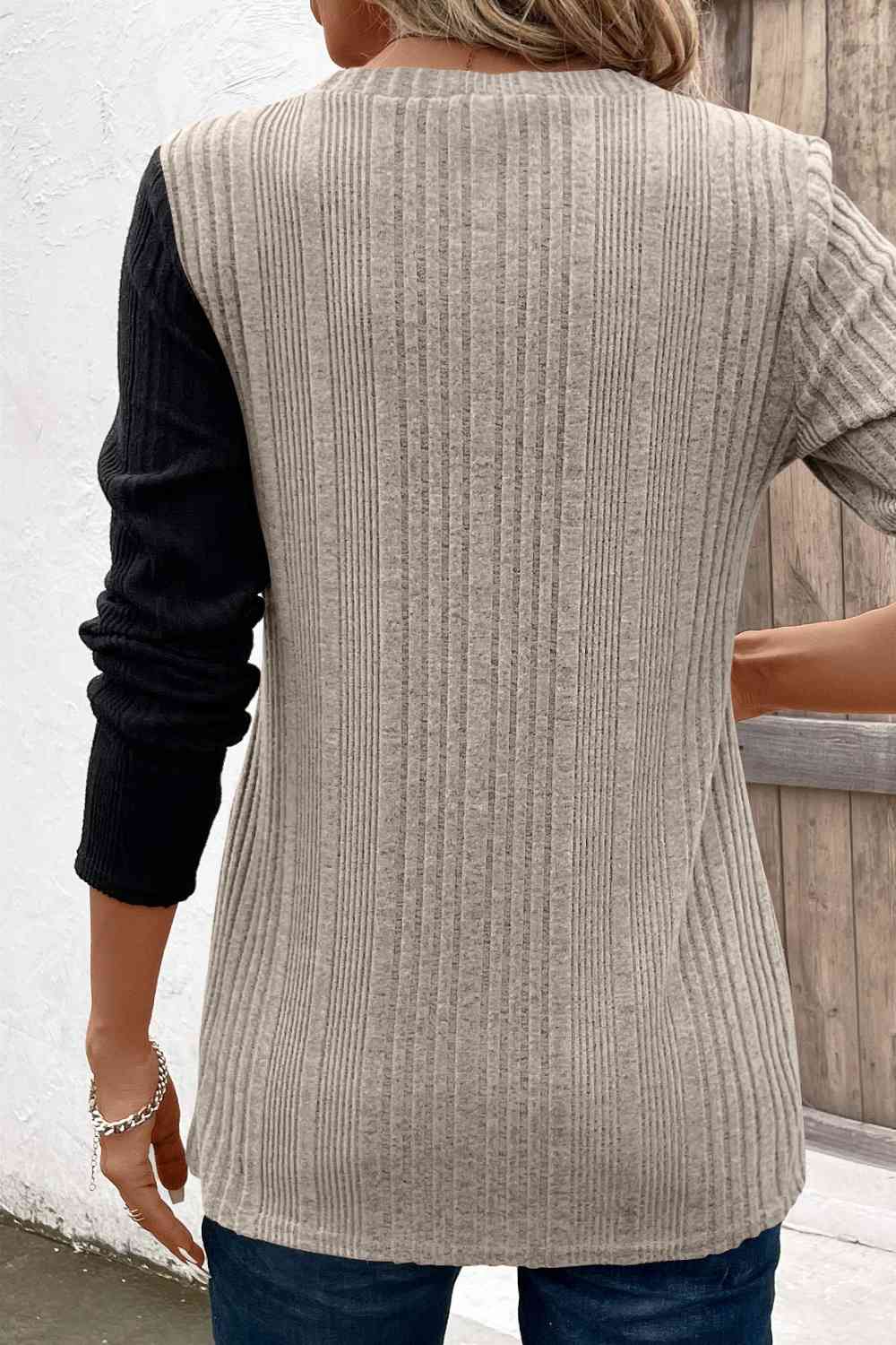 Contrast Long Sleeve Knit Top BLUE ZONE PLANET