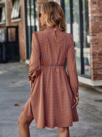 Printed Ruched Mock Neck Long Sleeve Dress Trendsi