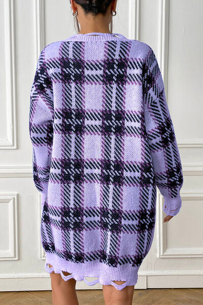 Plaid V-Neck Long Sleeve Sweater Dress BLUE ZONE PLANET