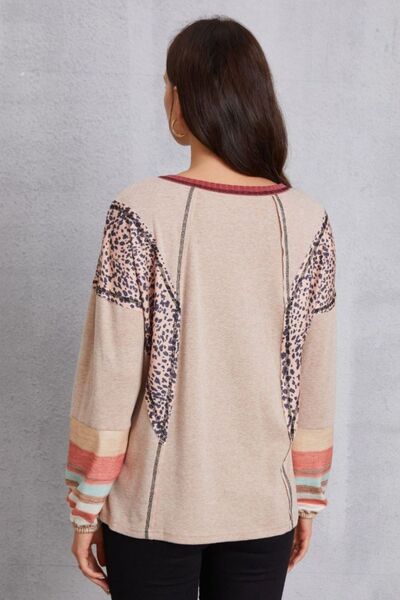 Contrast Stitching Leopard Long Sleeve Blouse Trendsi