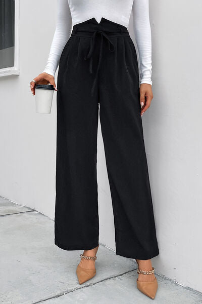 High Waist Ruched Tie Front Wide Leg Pants BLUE ZONE PLANET