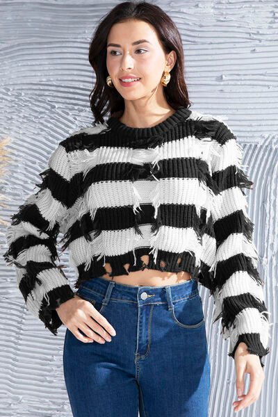 Striped Fringe Round Neck Sweater-TOPS / DRESSES-[Adult]-[Female]-Black-S-2022 Online Blue Zone Planet