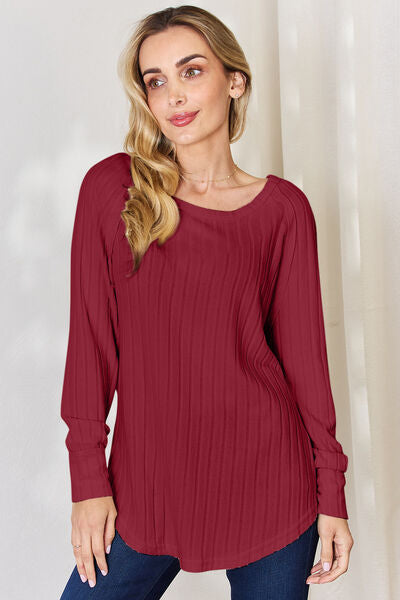 Basic Bae Full Size Ribbed Round Neck Slit T-Shirt-TOPS / DRESSES-[Adult]-[Female]-Deep Red-S-2022 Online Blue Zone Planet