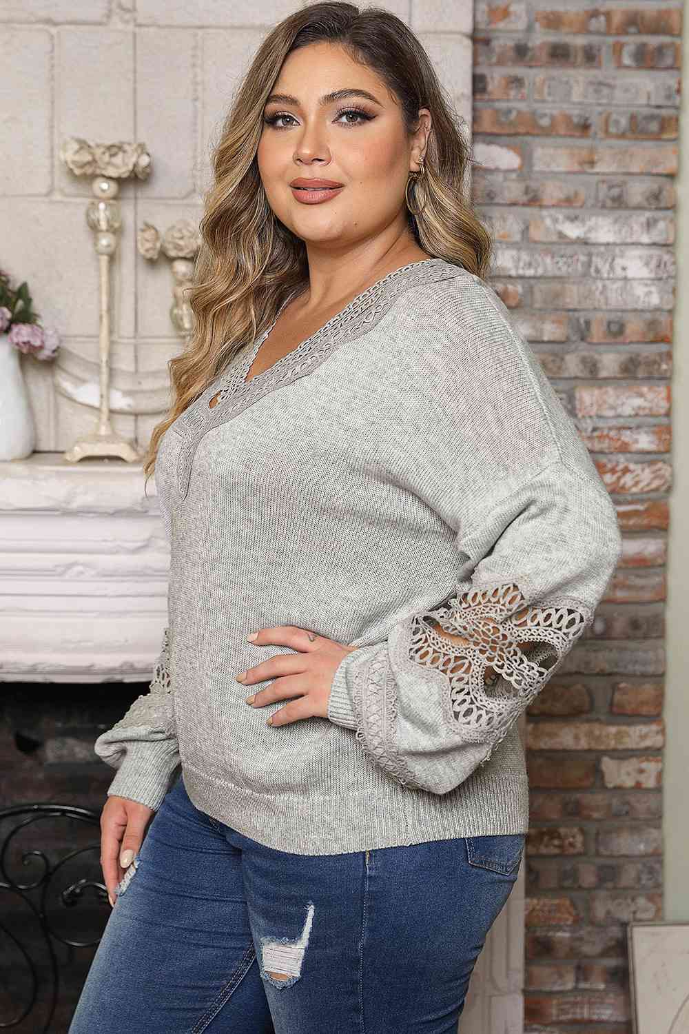 Plus Size Crochet Dropped Shoulder Long Sleeve Sweater BLUE ZONE PLANET