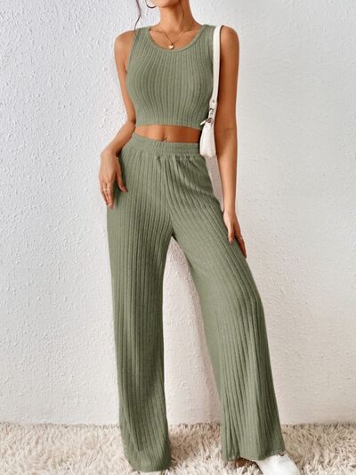 Ribbed Round Neck Tank and Pants Sweater Set Trendsi